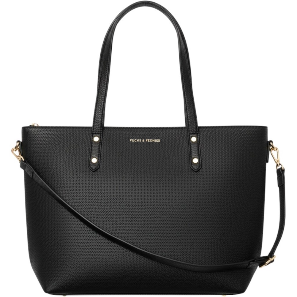 Poppy & Peonies Black Pebbled Vegan Leather Tote Bag with Luggage Sleeve